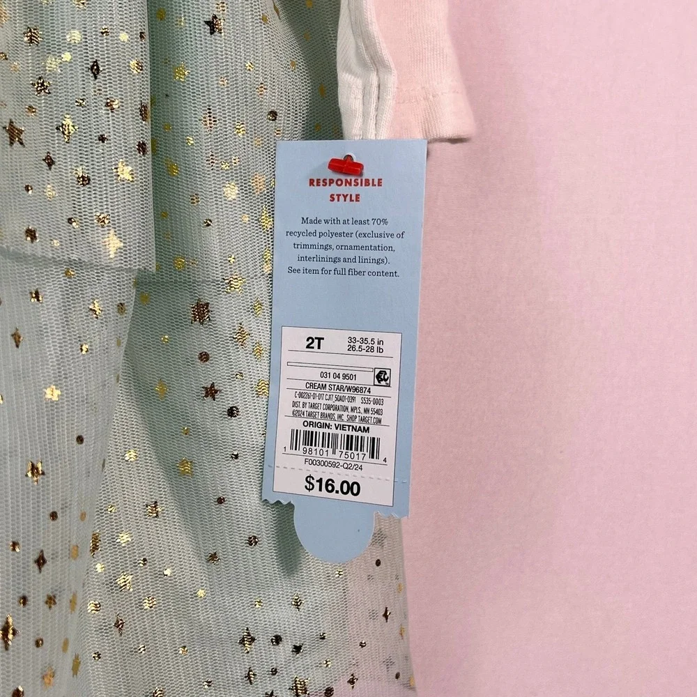 Cat & Jack Girls 2T Cream Mint Green Gold Foil Star Tulle Tutu Dress NWT